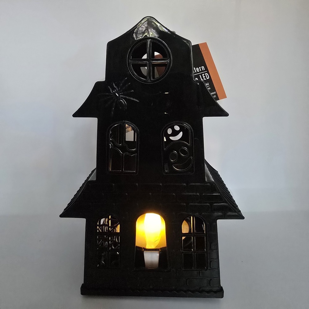 Halloween Haunted House LED light Decor w/ Spider, Black Plastic, Pillar Candle